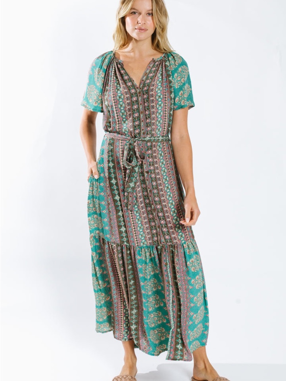 NWT RAGA Nuha Belted Maxi Dress Turquoise Boho Tiered XS
